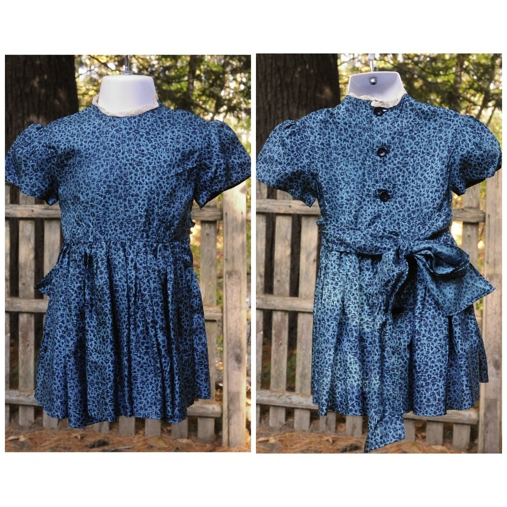 Vintage 60's Girls Teal Green Printed Taffeta Church Party Dress Size 12/18M